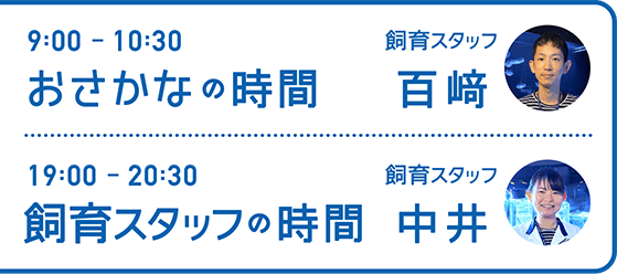 9:00-10:30 おさかなの時間 飼育スタッフ 百﨑・19:00-20:30 飼育スタッフの時間 飼育スタッフ 中井