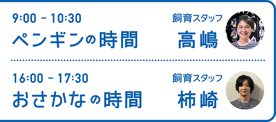 9:00-10:30 ペンギンの時間 飼育スタッフ 高嶋・16:00-17:30 おさかなの時間 飼育スタッフ 柿崎